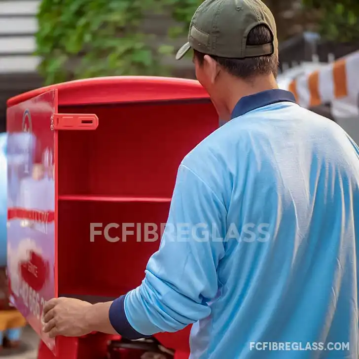Box motor fiberglass Holland Bakery dengan bukaan samping untuk memudahkan akses saat pengantaran