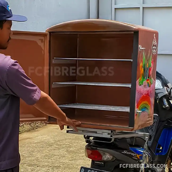 Box motor fiberglass dengan rak dalam untuk penyimpanan makanan agar lebih rapi saat delivery
